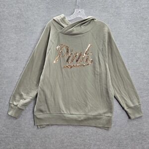 PINK Victoria's Secret Women Hoodie S Green Bling Sequin Logo Long Sleeve Fleece